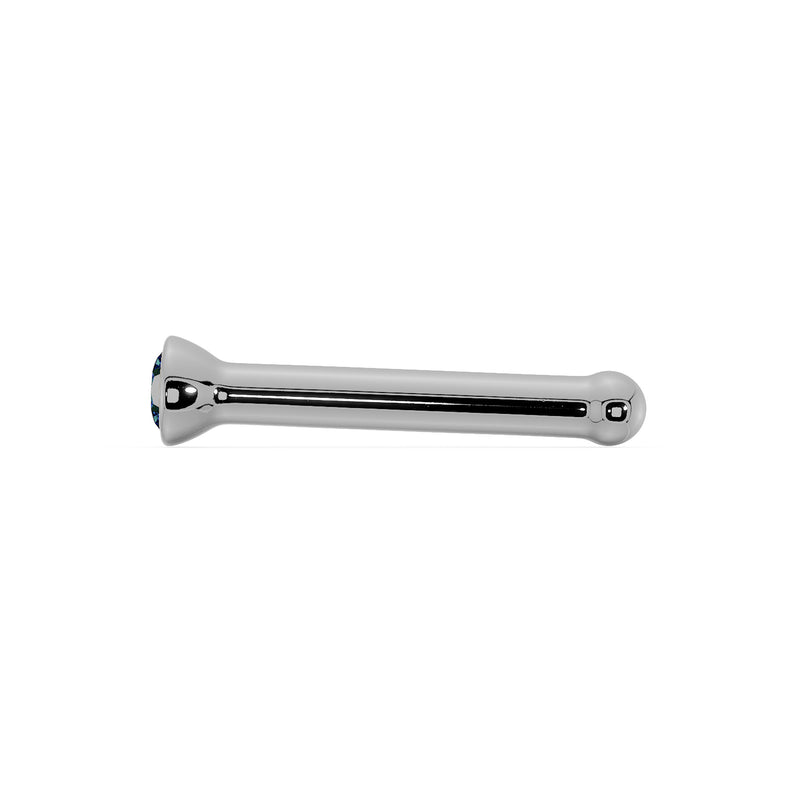 Side profile of white gold blue diamond nose bone stud showing full straight post and ball end