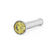 14k white gold yellow diamond bezel nose bone stud, angled front view showing post and ball tip