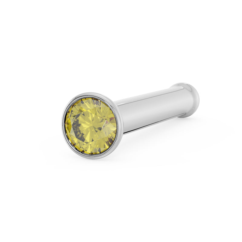 14k white gold yellow diamond bezel nose bone stud, angled front view showing post and ball tip