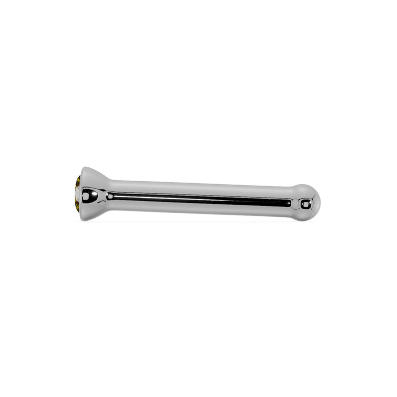 Side profile of white gold yellow diamond bezel nose stud showing straight post length and ball end