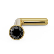 14k yellow gold black diamond bezel nose stud, L-post style angled view from above