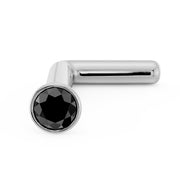 14k white gold black diamond bezel nose stud, L-post style viewed from above at angle