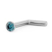 14k white gold blue diamond bezel nose stud L-post style, angled view showing L-bend shape