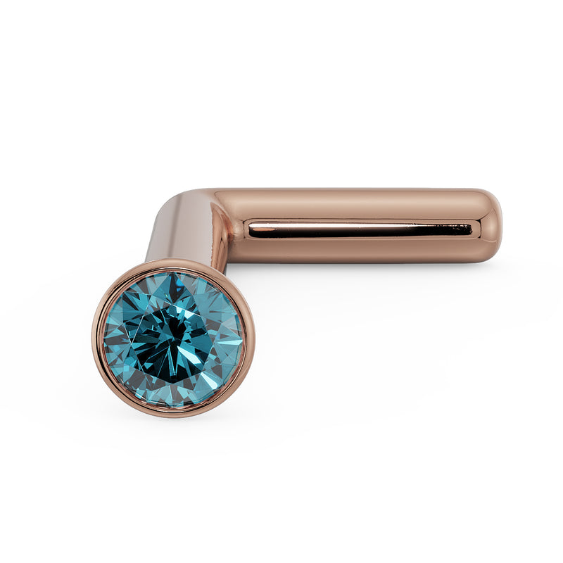 14k rose gold blue diamond bezel nose stud L-post style, angled view showing rose tone and bend
