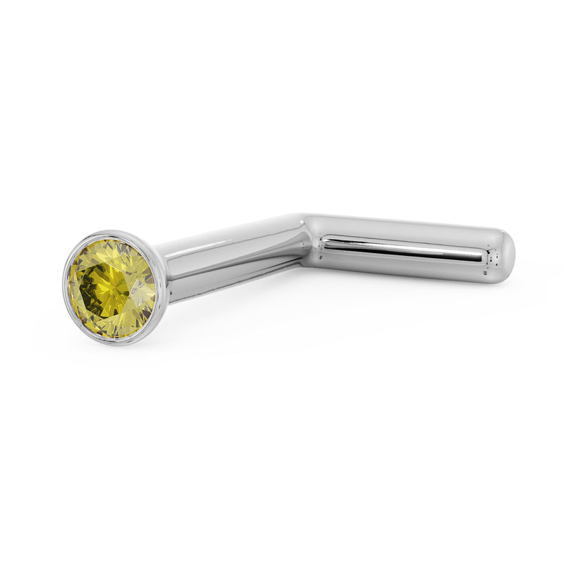 14k white gold yellow diamond bezel nose stud with L-post style, angled view showing post bend
