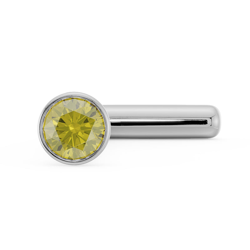 14k white gold yellow diamond bezel nose bone stud, front angled view showing round post end