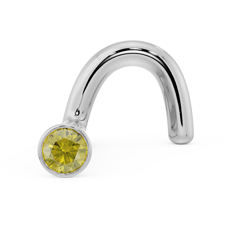14k white gold 1.5mm yellow diamond bezel nose stud, front view with twist post, product render