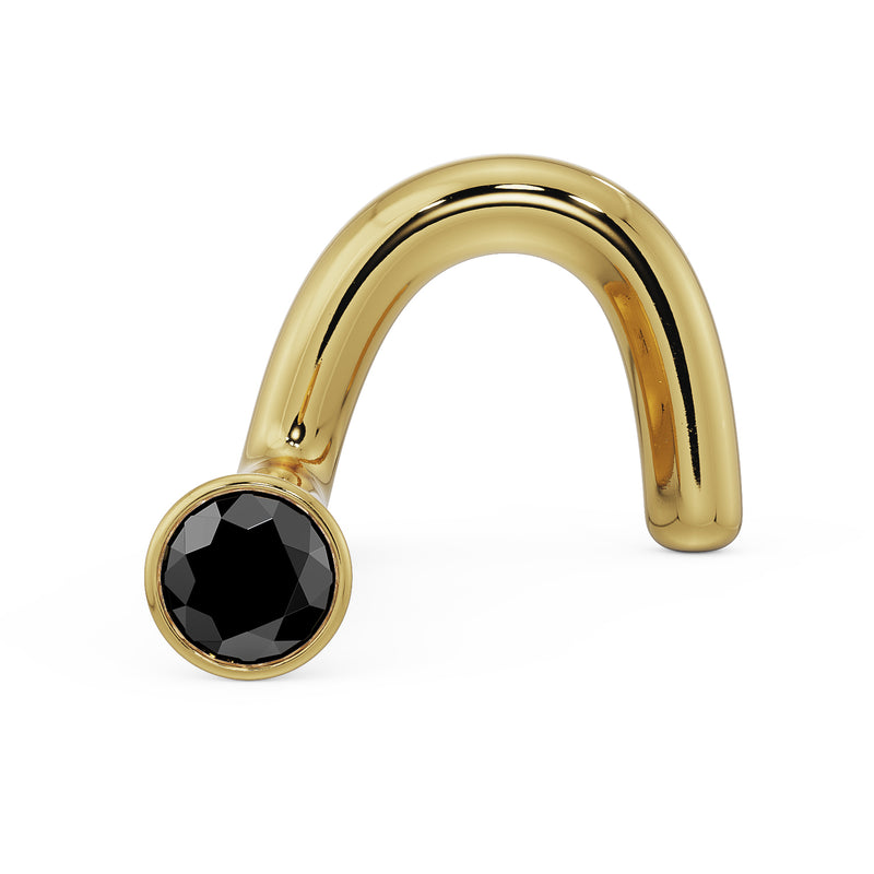 14k yellow gold black diamond bezel nose ring screw style, three-quarter view