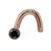 14k rose gold black diamond bezel nose ring screw, three-quarter view showing curl
