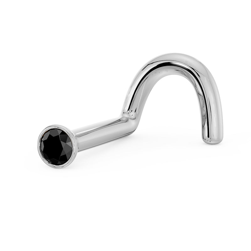 14k white gold black diamond bezel nose screw, side profile showing twist shape