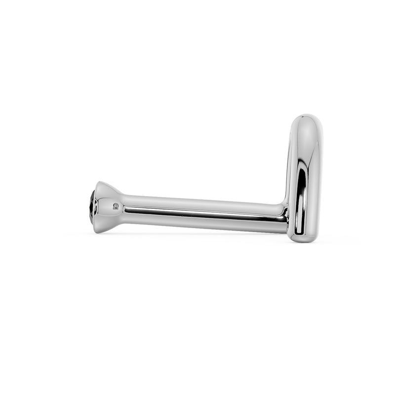 Side profile of white gold black diamond nose stud showing L-post style and straight shaft