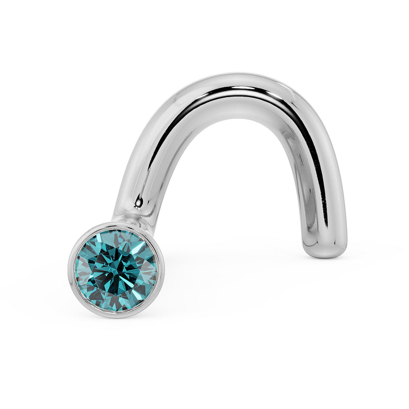 14k white gold 1.5mm blue diamond bezel nose stud twist style, angled side view