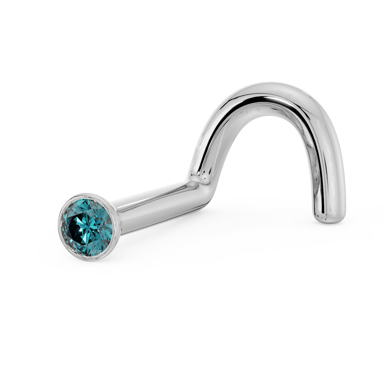 14k white gold blue diamond bezel nose stud L-post style, side profile showing bend angle