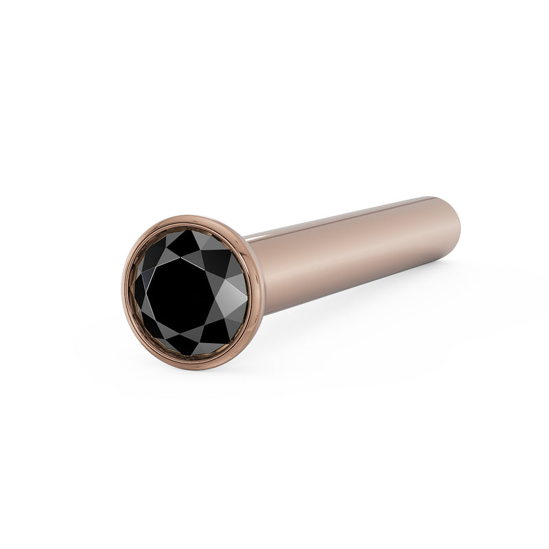 14k rose gold black diamond bezel nose bone stud, close angled view of faceted stone