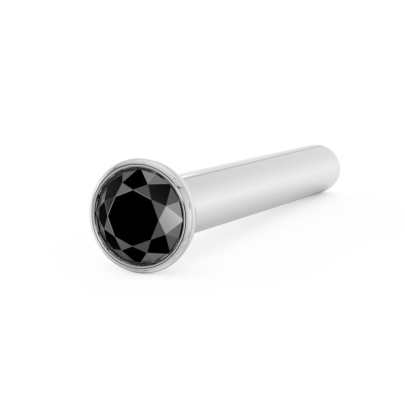 14k white gold black diamond bezel nose bone stud, straight-on angled view of stone