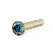 14k yellow gold blue diamond bezel nose stud straight post, angled view highlighting gold finish