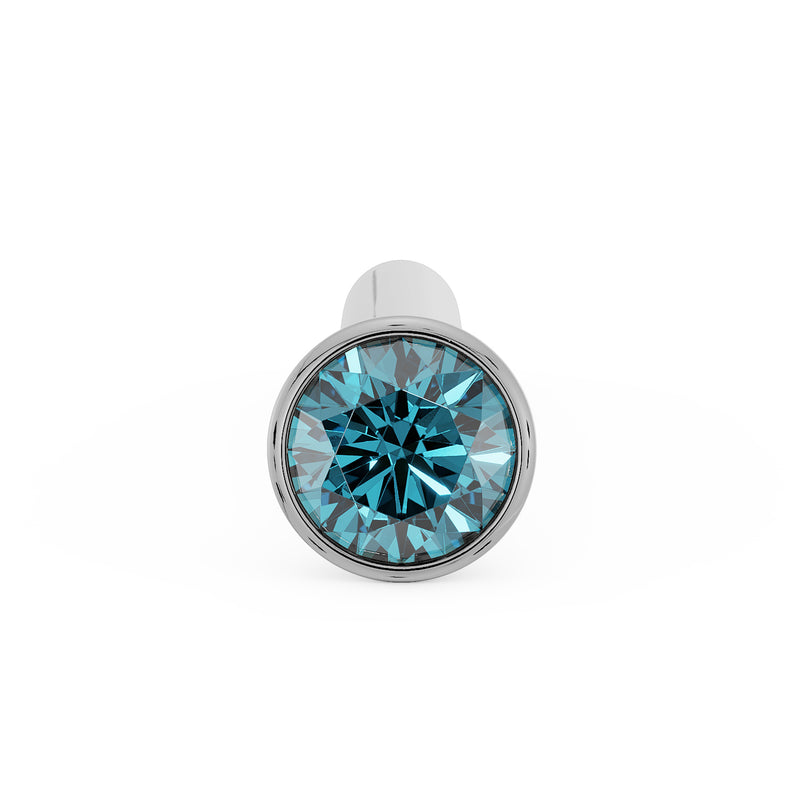 Top-down front view of 1.5mm blue diamond in white gold bezel on straight post nose stud