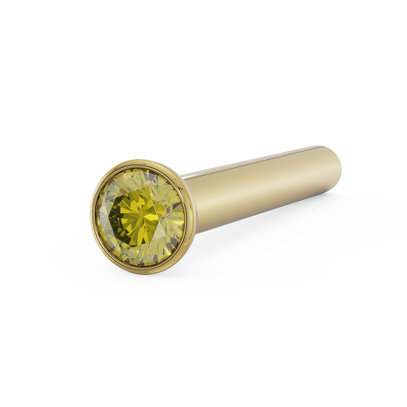 14k yellow gold yellow diamond bezel nose stud straight post style, angled front view of setting