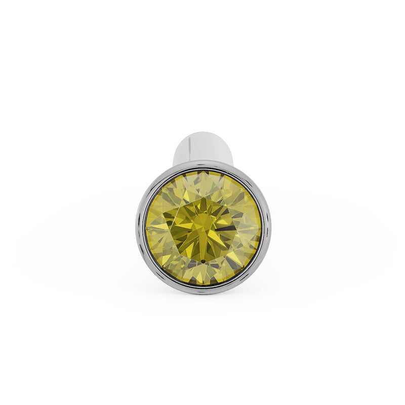 Front view of 1.5mm yellow diamond bezel nose stud on straight post, white gold, direct face-on