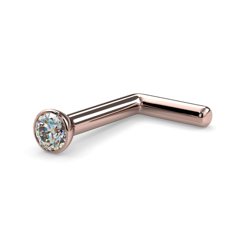 14k rose gold 1.7mm diamond bezel L-post nose stud, side view showing bent post detail