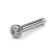 14k white gold 1.7mm diamond bezel nose bone stud, angled view showing ball end and post