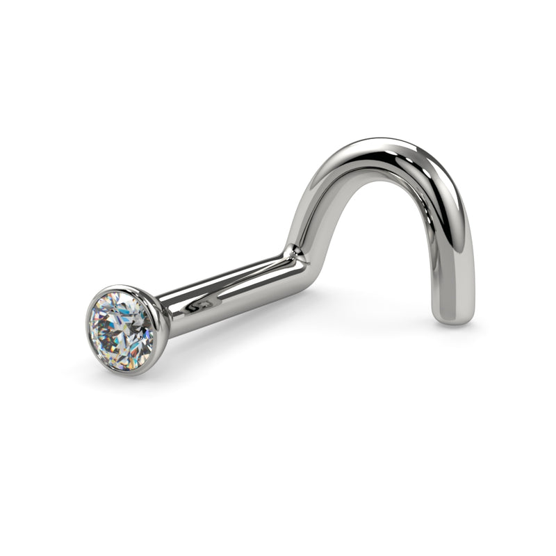 14k white gold 1.7mm diamond bezel nose ring twist style, lower angled view of screw curve