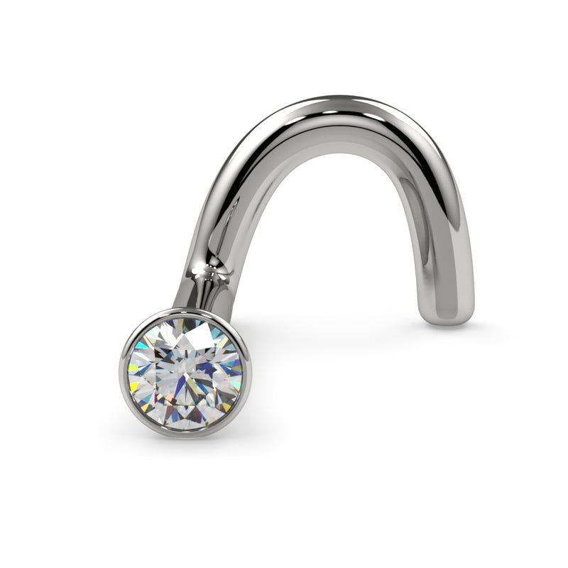Platinum or white gold 1.7mm diamond bezel nose ring twist style, angled front view
