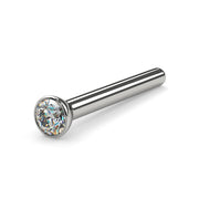 14k white gold 1.7mm diamond bezel straight-post nose stud, side view showing full pin length
