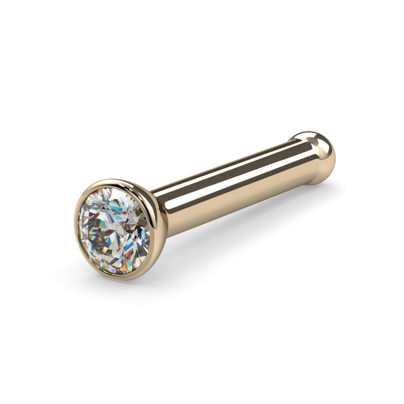 14k yellow gold 1.7mm diamond bezel nose bone stud, angled view showing ball end and post