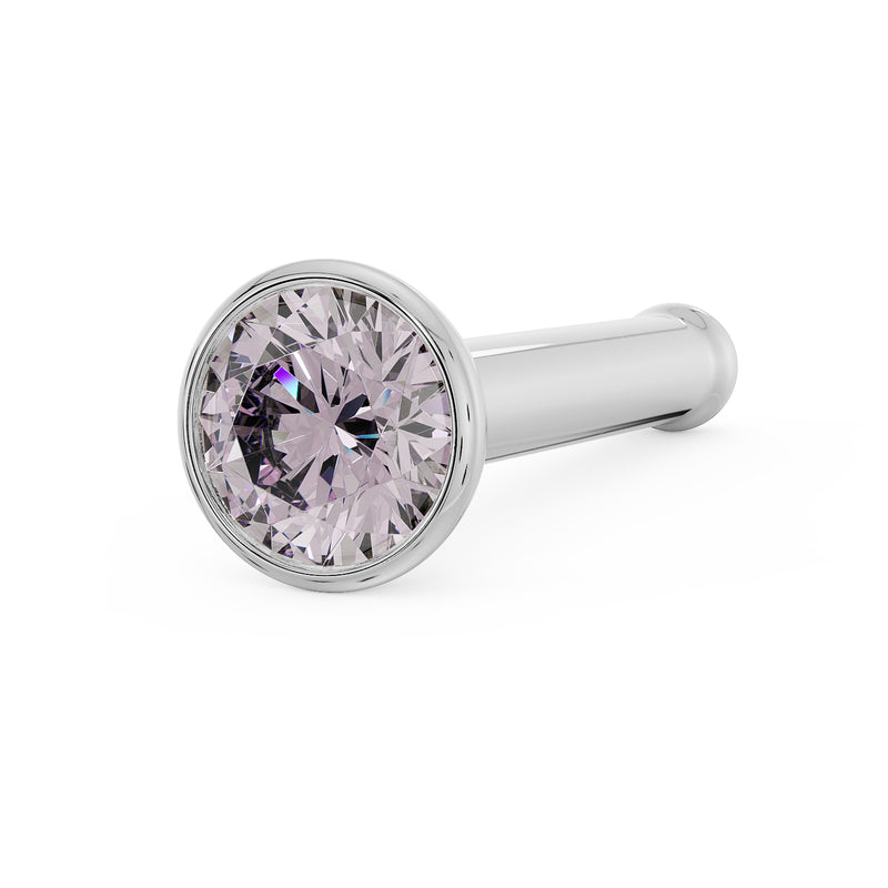 14k white gold 2mm pink diamond bezel nose bone stud, angled view showing straight post