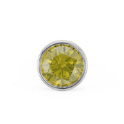 Close-up of 2mm yellow diamond in white gold bezel setting, straight-on face view