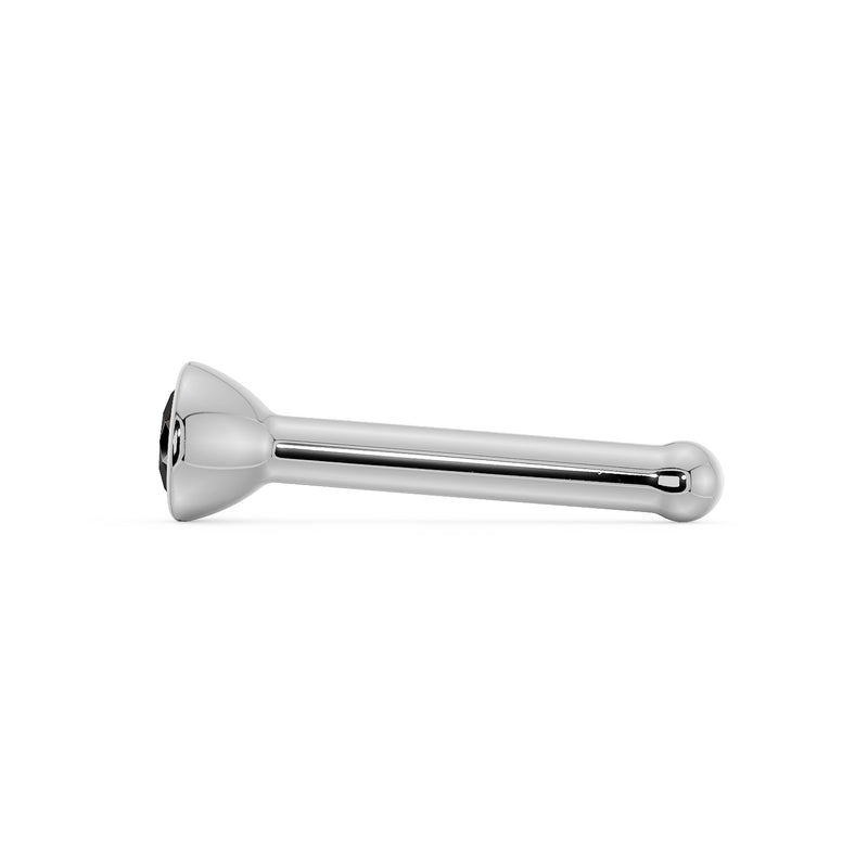 Side profile of white gold black diamond bezel nose bone stud showing full straight post length