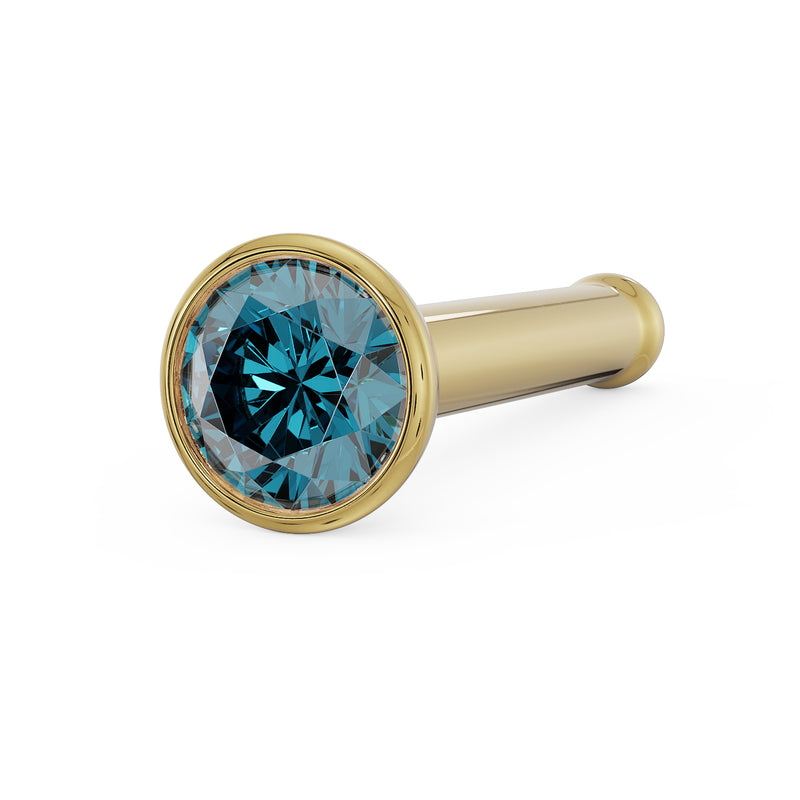 14k yellow gold blue diamond bezel nose bone stud, angled close-up of gem and straight post