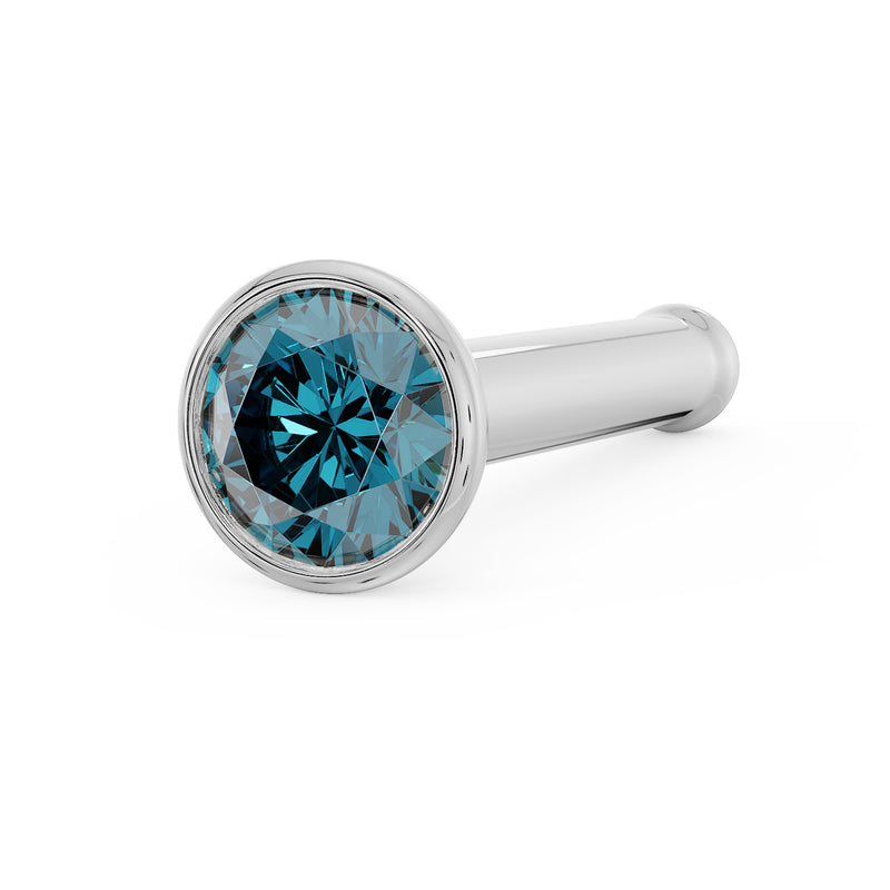 14k white gold blue diamond bezel nose bone stud, angled close-up showing post and bezel detail