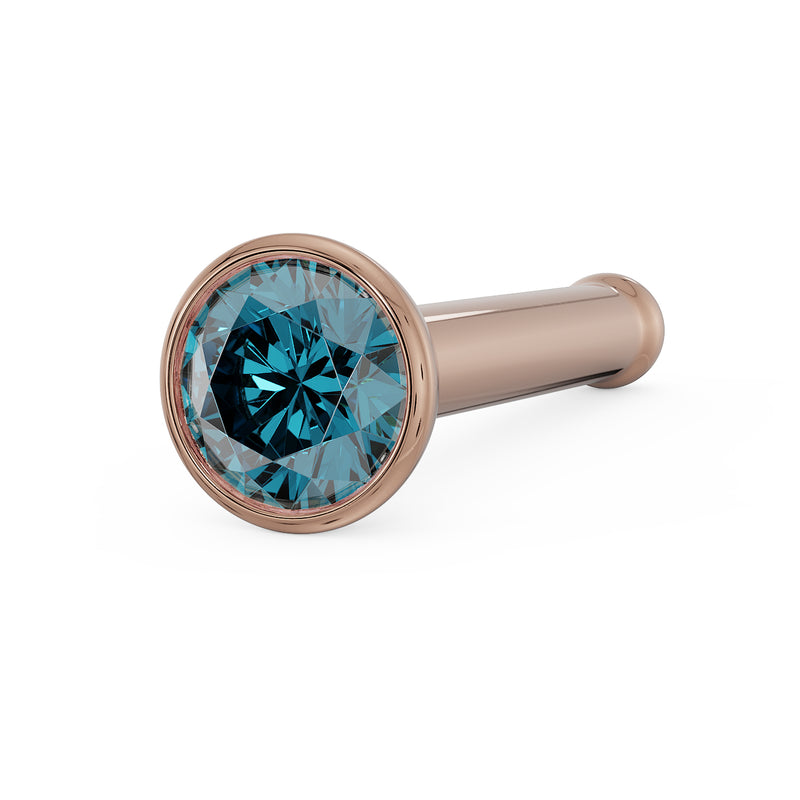 14k rose gold blue diamond bezel nose bone stud, angled close-up showing blush-toned post