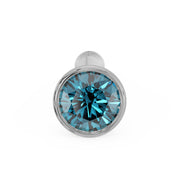 Front view of 2mm blue diamond bezel nose bone stud in white gold showing ball end and gem face
