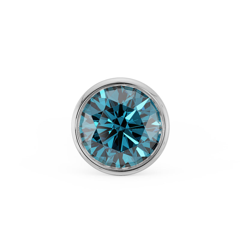 Close-up of 2mm blue diamond in white gold bezel setting, showing brilliant round cut facets