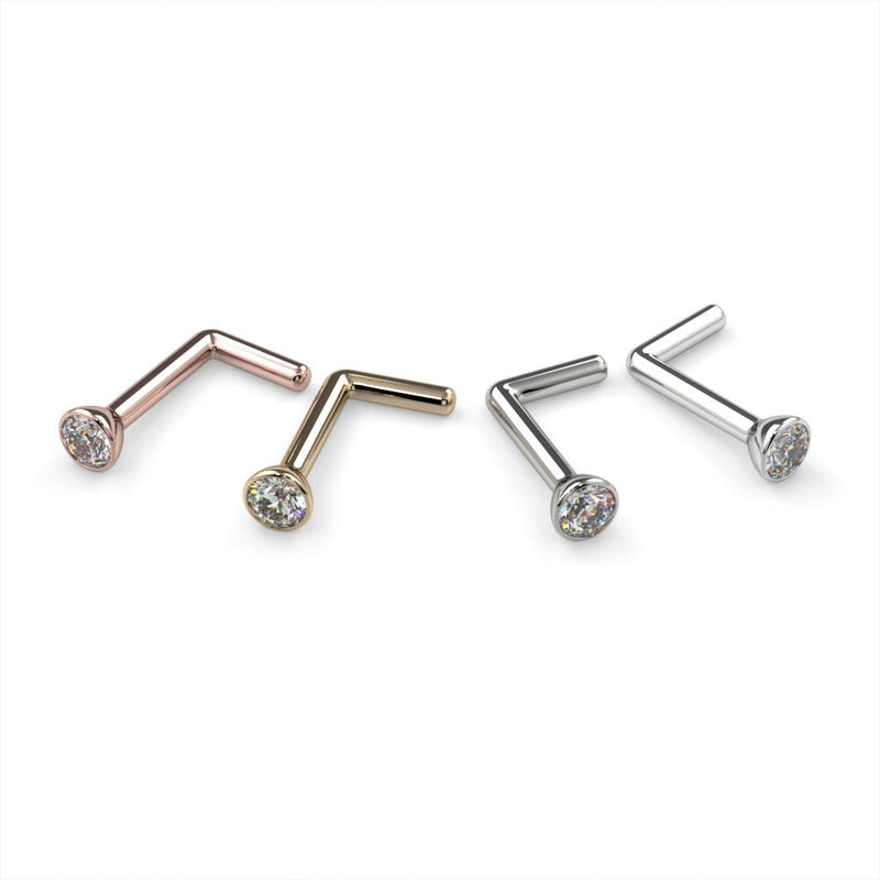 Diamond bezel nose ring L post style in rose gold, yellow gold, white gold, and platinum