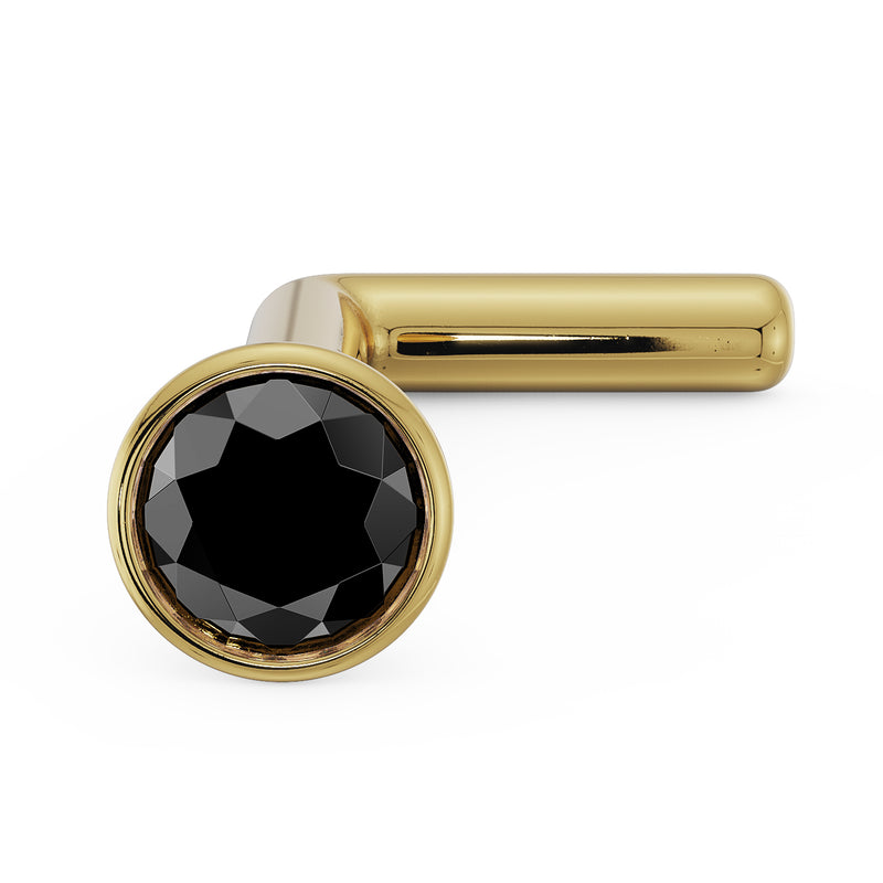 14k yellow gold black diamond bezel L post nose stud, angled view showing L-shaped post