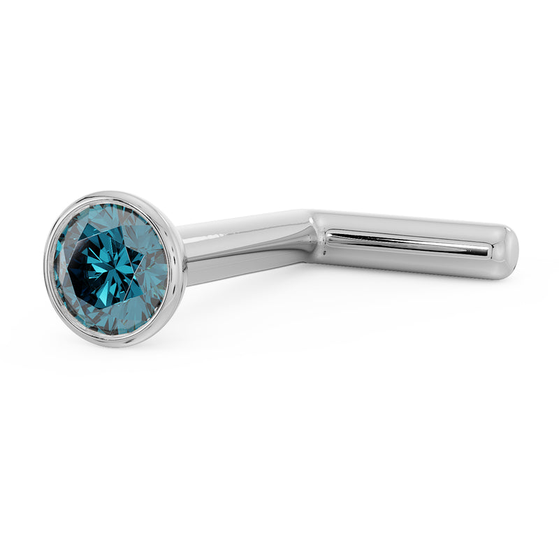White gold 2mm blue diamond L post nose stud, angled view showing L-shaped post and bezel gem