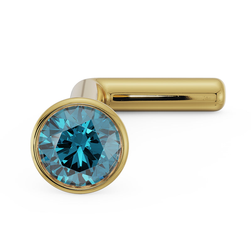 14k yellow gold blue diamond L post nose stud, angled front view showing gold L-bend and 2mm gem