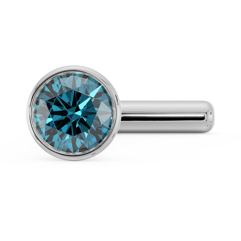 White gold 2mm blue diamond straight post nose stud, front view showing gem face and post