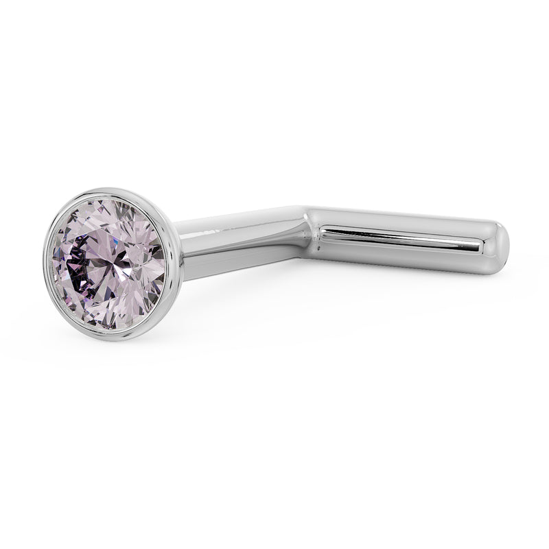 14k white gold pink diamond bezel nose stud with L-post style, front-angled view of setting