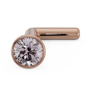 14k rose gold 2mm pink diamond bezel nose stud L-post, angled view showing warm gold tone