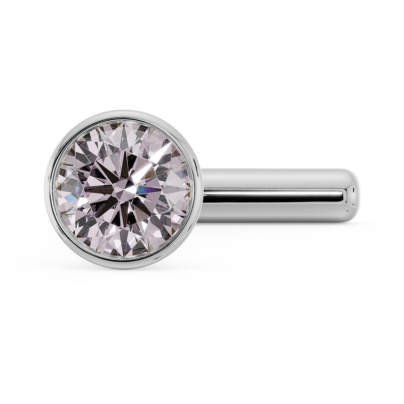 14k white gold pink diamond bezel nose stud straight post, close front-angle view of round stone