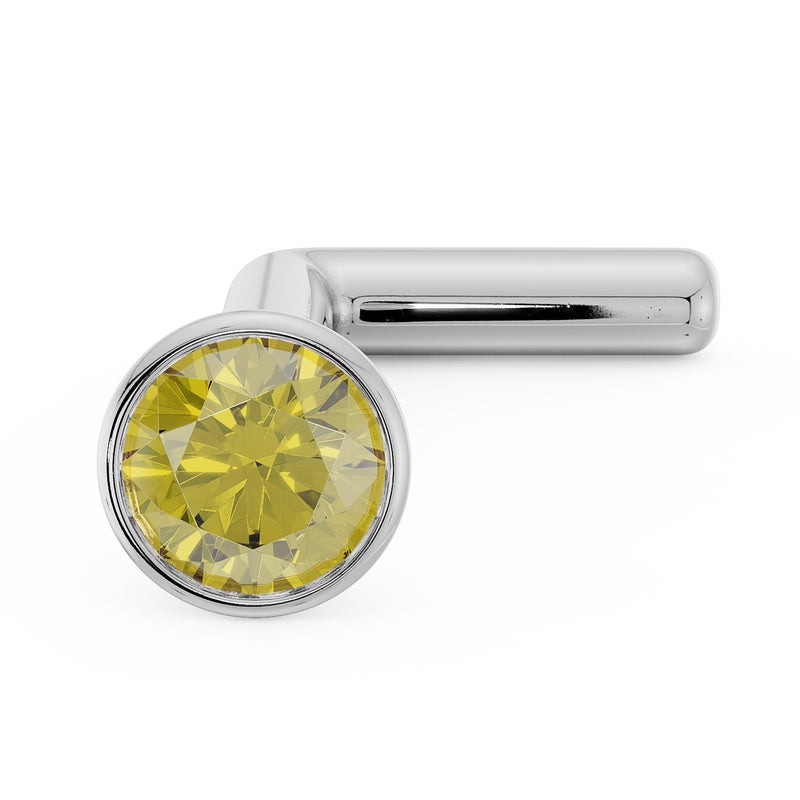 14k white gold yellow diamond bezel nose stud L-post, close-up showing bezel rim and post angle