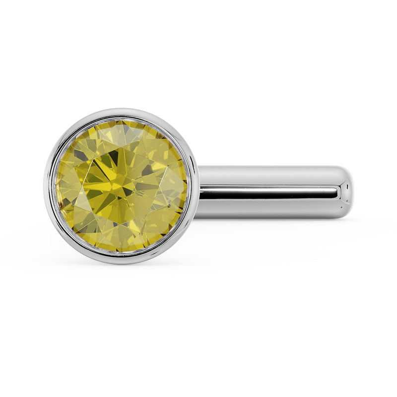 White gold yellow diamond bezel nose stud straight post style, front-angled view of setting