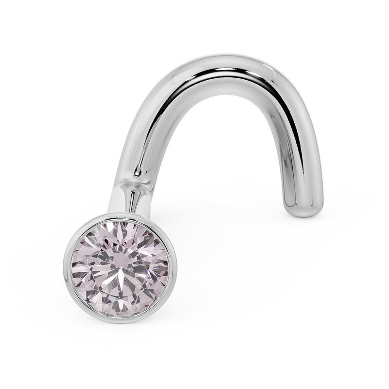 14k white gold pink diamond bezel nose stud with twist screw post, angled side view