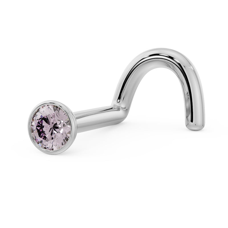 White gold 2mm pink diamond bezel nose ring twist style, alternate angle showing full post curve