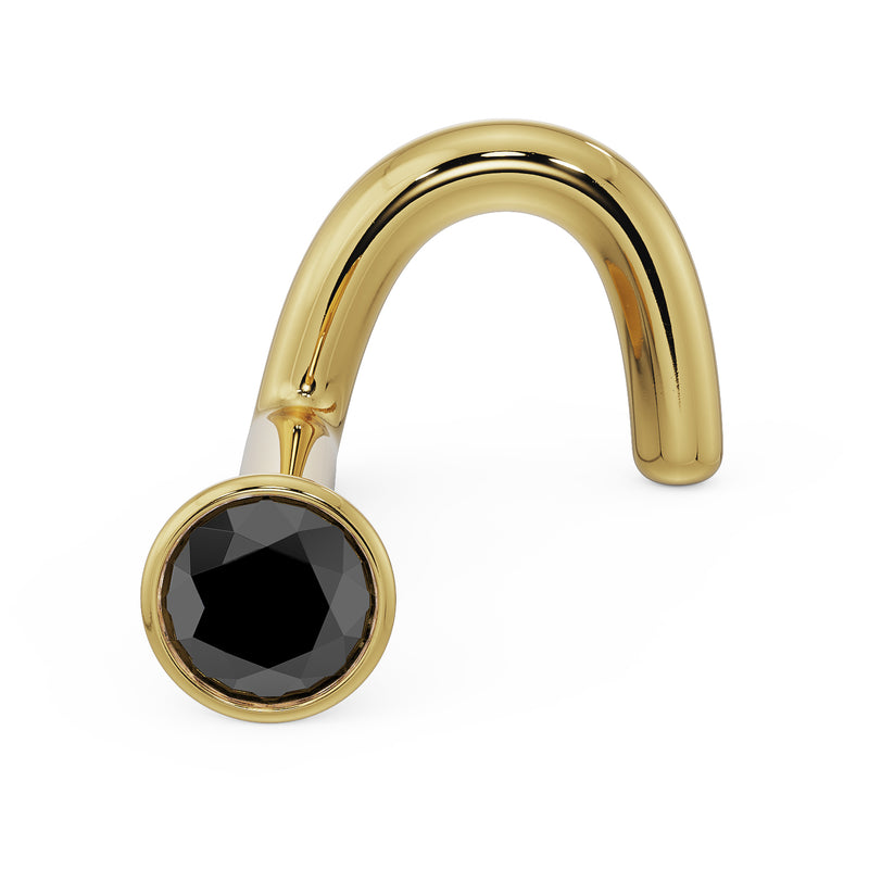 14k yellow gold black diamond bezel nose ring twist style, angled product view